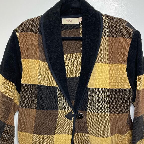 Anu by Natural Checked Cropped Jacket Long Sleeve Single Button‎ Brown Tan L - Picture 5 of 12
